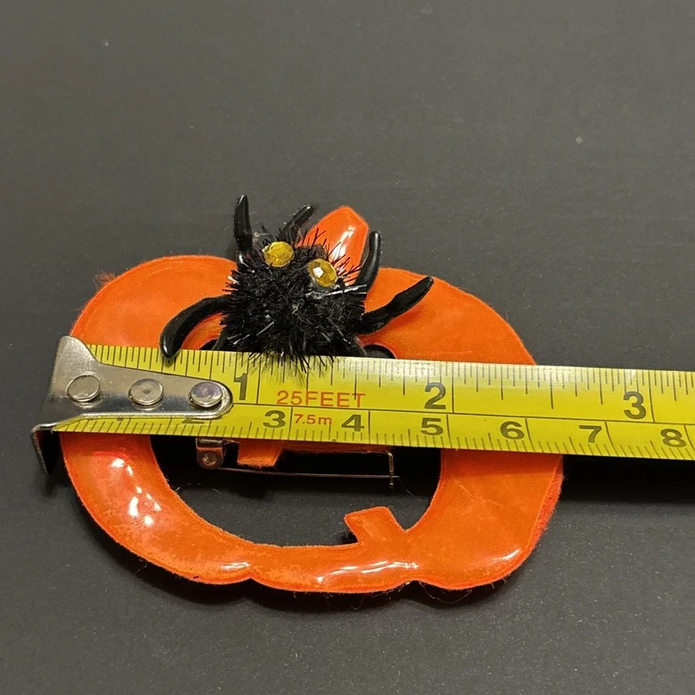 1990s Halloween Orange Enamel Pumpkin Brooch Fuzzy Black Spider Pin
